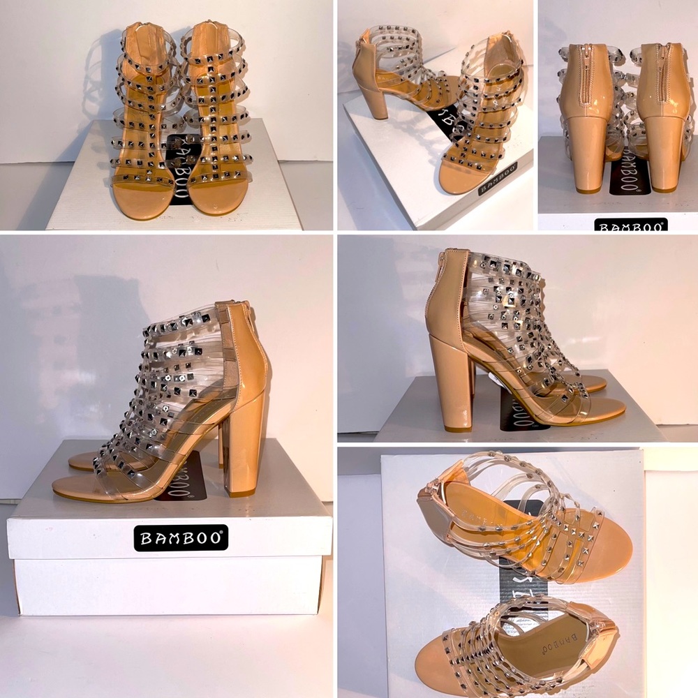 Clear Rhinestone Strappy Patent Chunky Heel